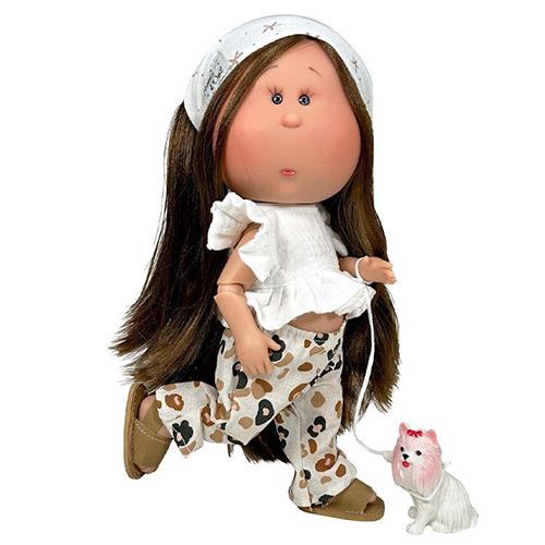 Muñeca Nines d'Onil 30 cm - morena con camiseta blanca, pantalones estampados y mascota